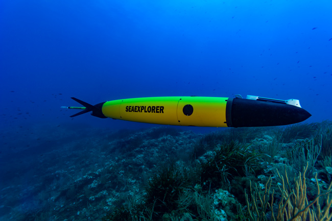 Side profile of the SeaExplorer glider, with the Sea-Bird Scientific GPCTD’s T-C intake sail visible in the front.